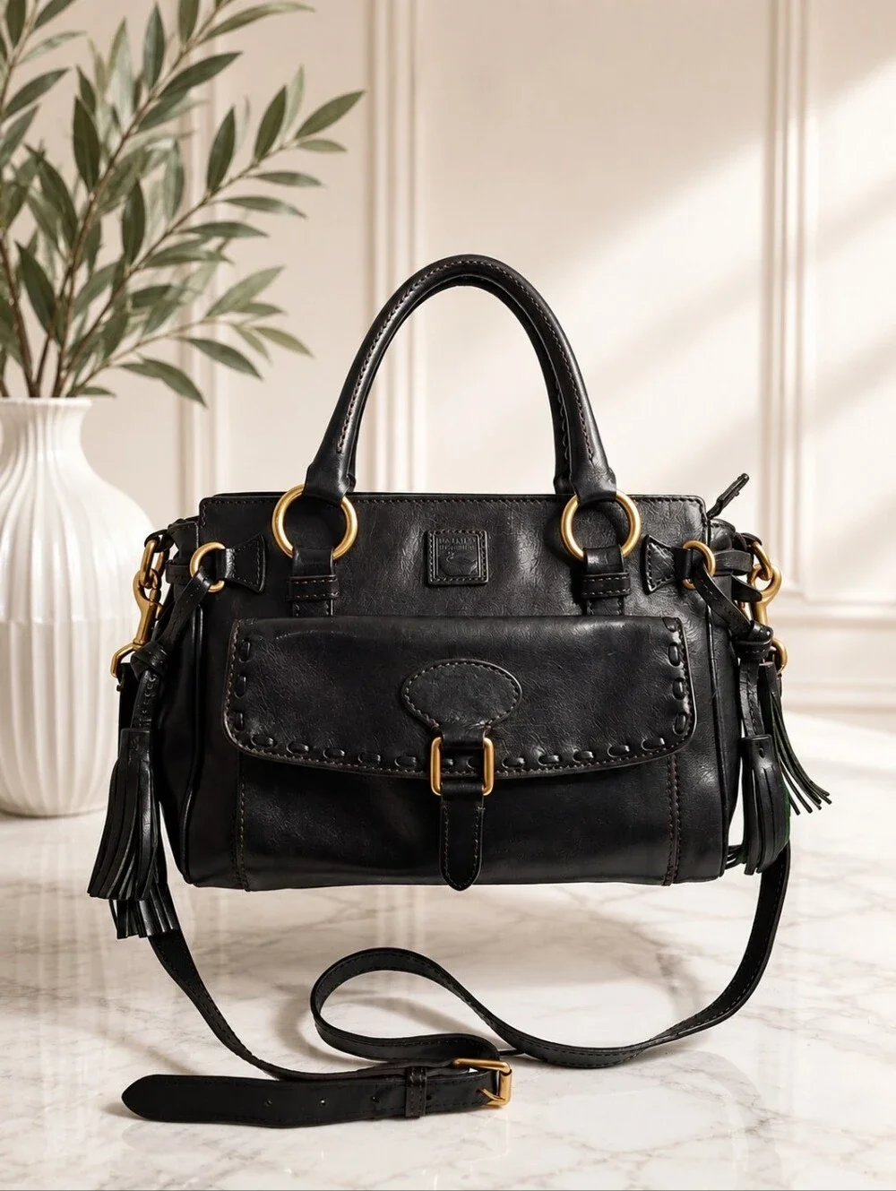 Dooney & Bourke Florentine Black Italian Leather Front Pocket Satchel Crossbody